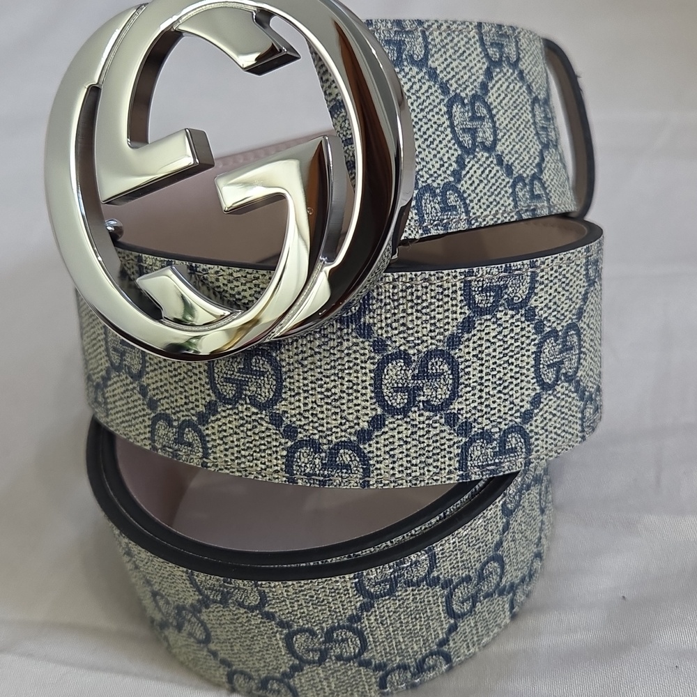 Gucci Blue Beige Monogram Belt with Silver Double G Buckle - Picture 3 of 16